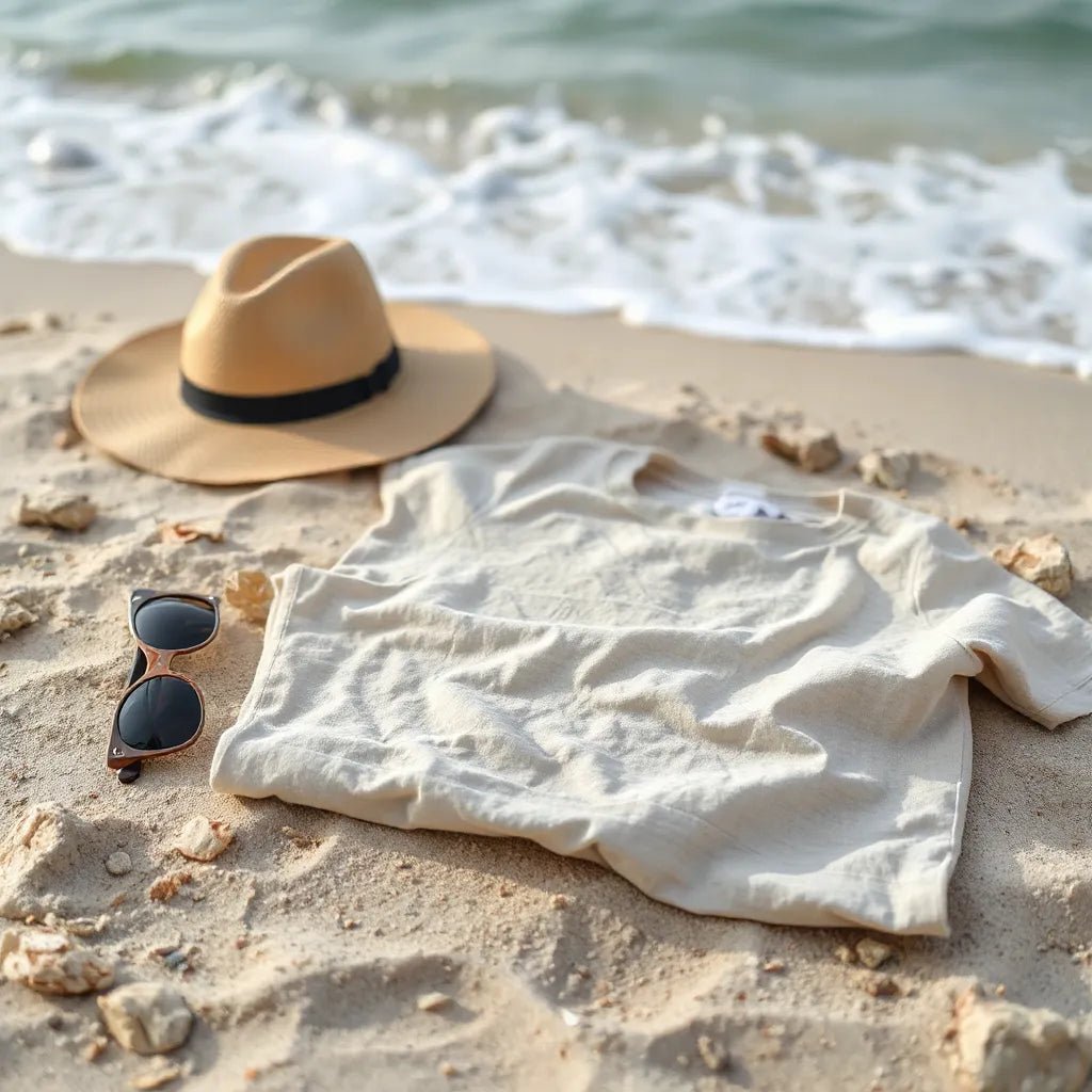 Relaxed beach t-shirt folded on sand with sunglasses and a straw hat near blurred ocean