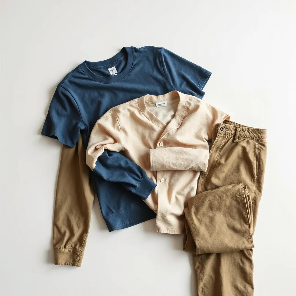 Folded garment-dyed cotton shirts and pants in muted indigo, olive, and sand tones with visible fabric texture