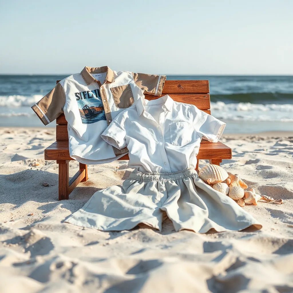 Graphic beach shirts styled with light summer clothing on a sunny shoreline