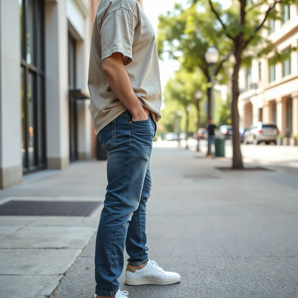 Person wearing a relaxed fit t-shirt with visible drape and comfortable sleeve fit in natural daylight