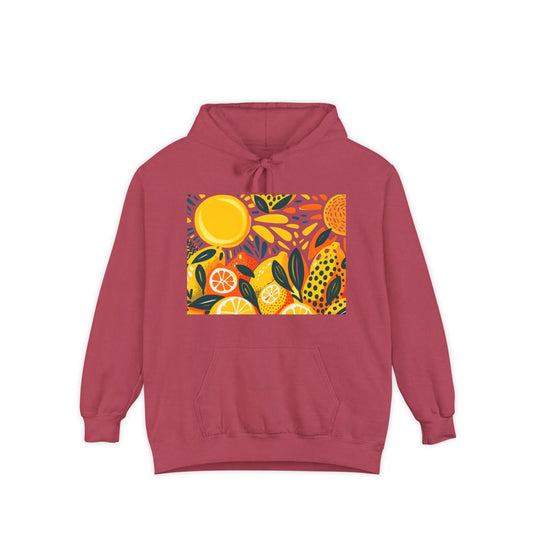 Red comfortable hoodie with lemon grove graphic on the front