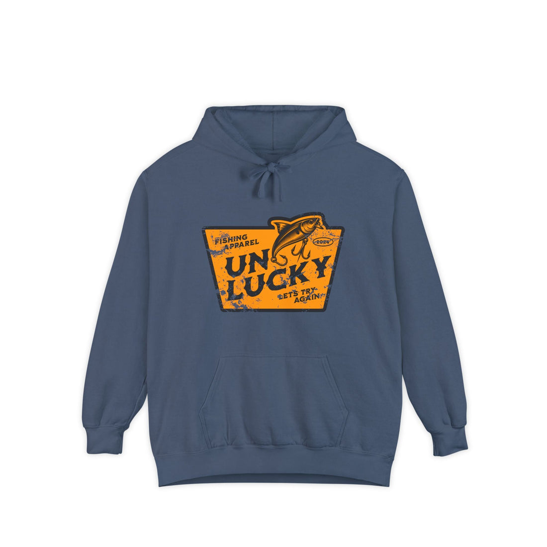 Dark navy blue hoodie with yellow and black logo saying unlucky on the front