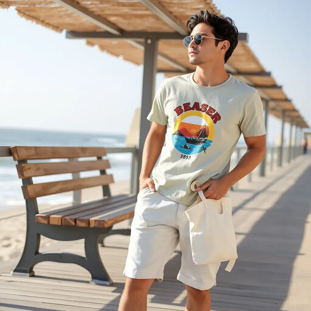 Person in a beach-themed graphic t-shirt with linen shorts on a sunny seaside walkway