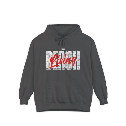 Charcoal hoodie with beach written on the front in white and living in red over it.