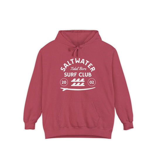 Red hoodie made by comfort colors and designed by five tides apparel wit a saltwater graphic on the front