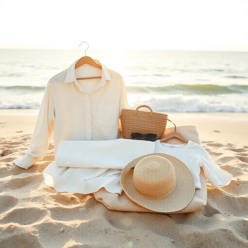 Lightweight beach clothing laid on sand with straw hat, sunglasses, and a cover-up near the shoreline