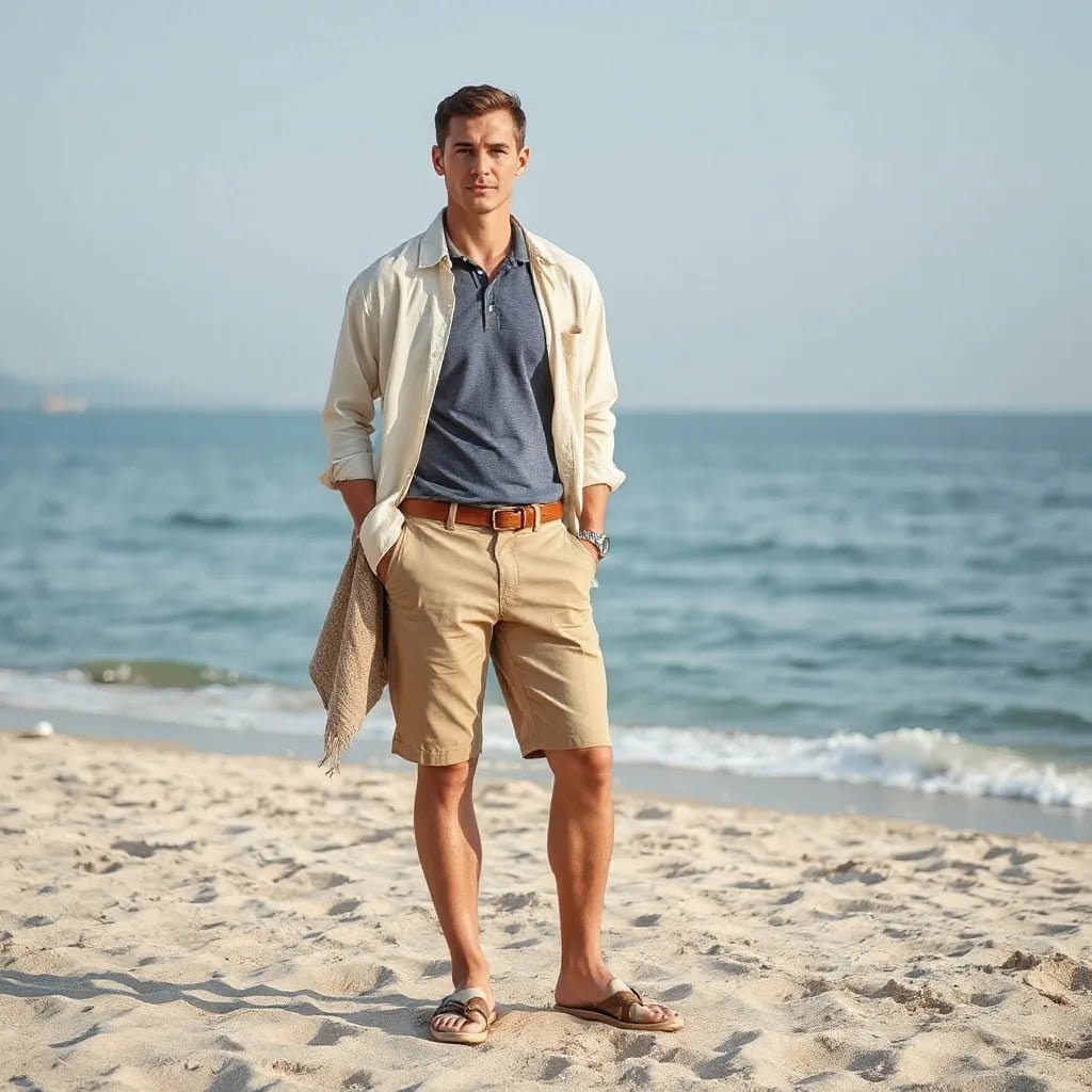 Men’s casual coastal outfit in breathable fabrics on a sandy beach near the shoreline