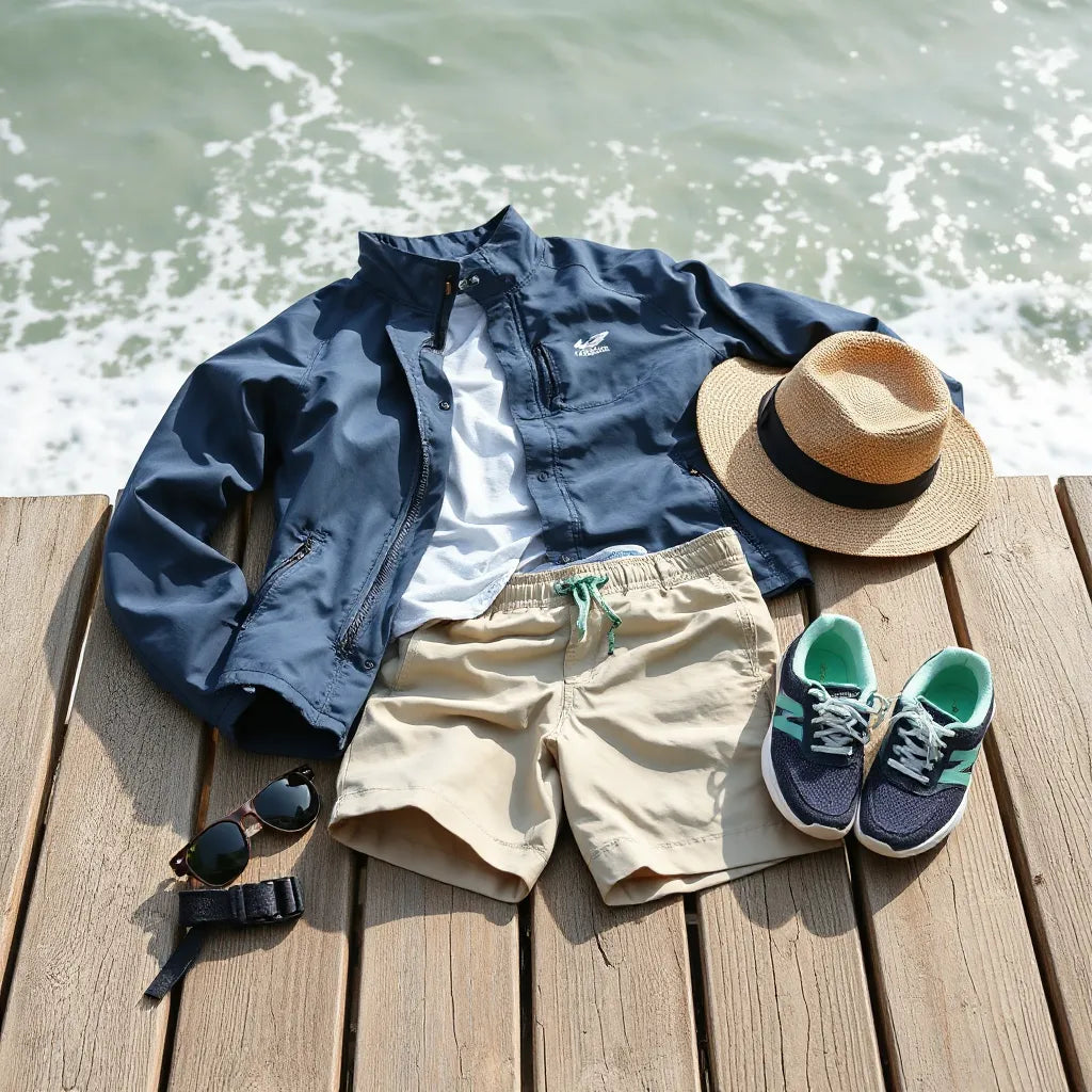 Coastal apparel laid on wooden boards by the shore, showing jacket, shorts, and water-friendly sneakers