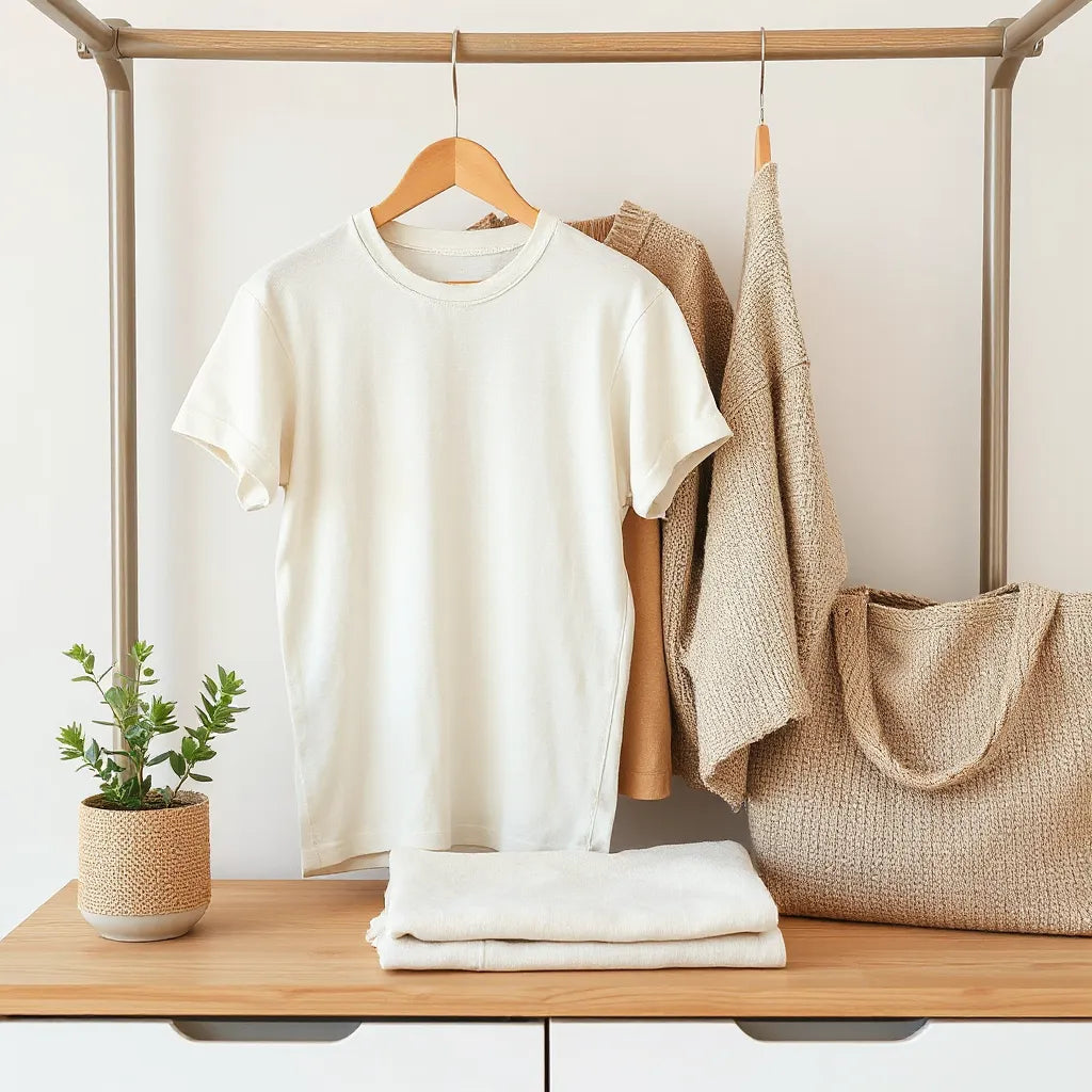 Earth-tone eco-friendly tops and knits laid on a wooden surface with natural light