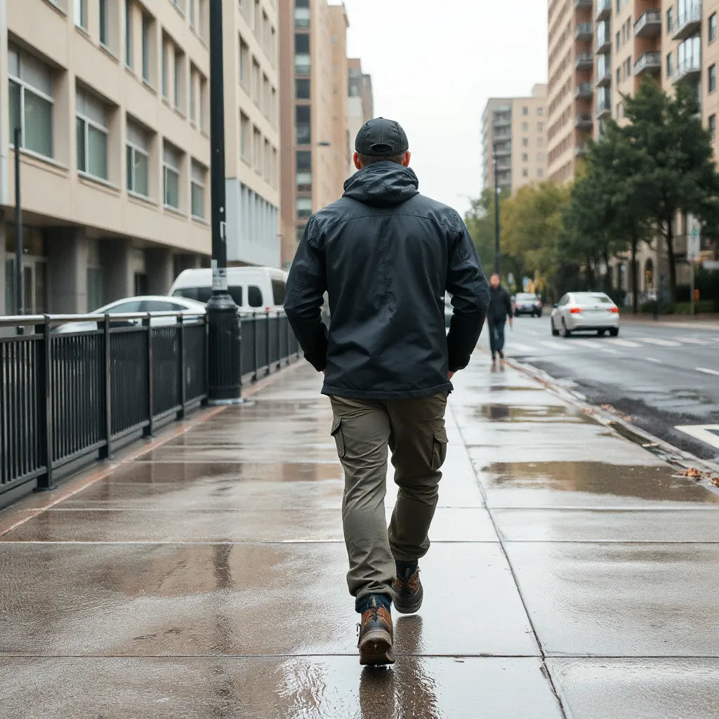 Person in water-resistant jacket and pants walking through light rain on a wet sidewalk