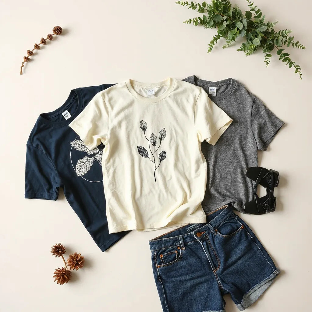 Hand-drawn graphic t-shirts laid out with simple ink artwork on the fronts