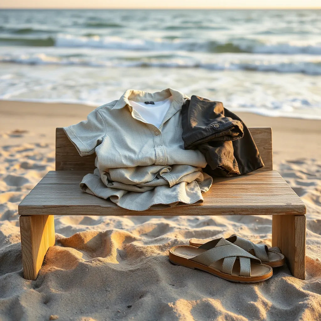 Lightweight outdoor beach clothing set laid out on a bench by the shoreline