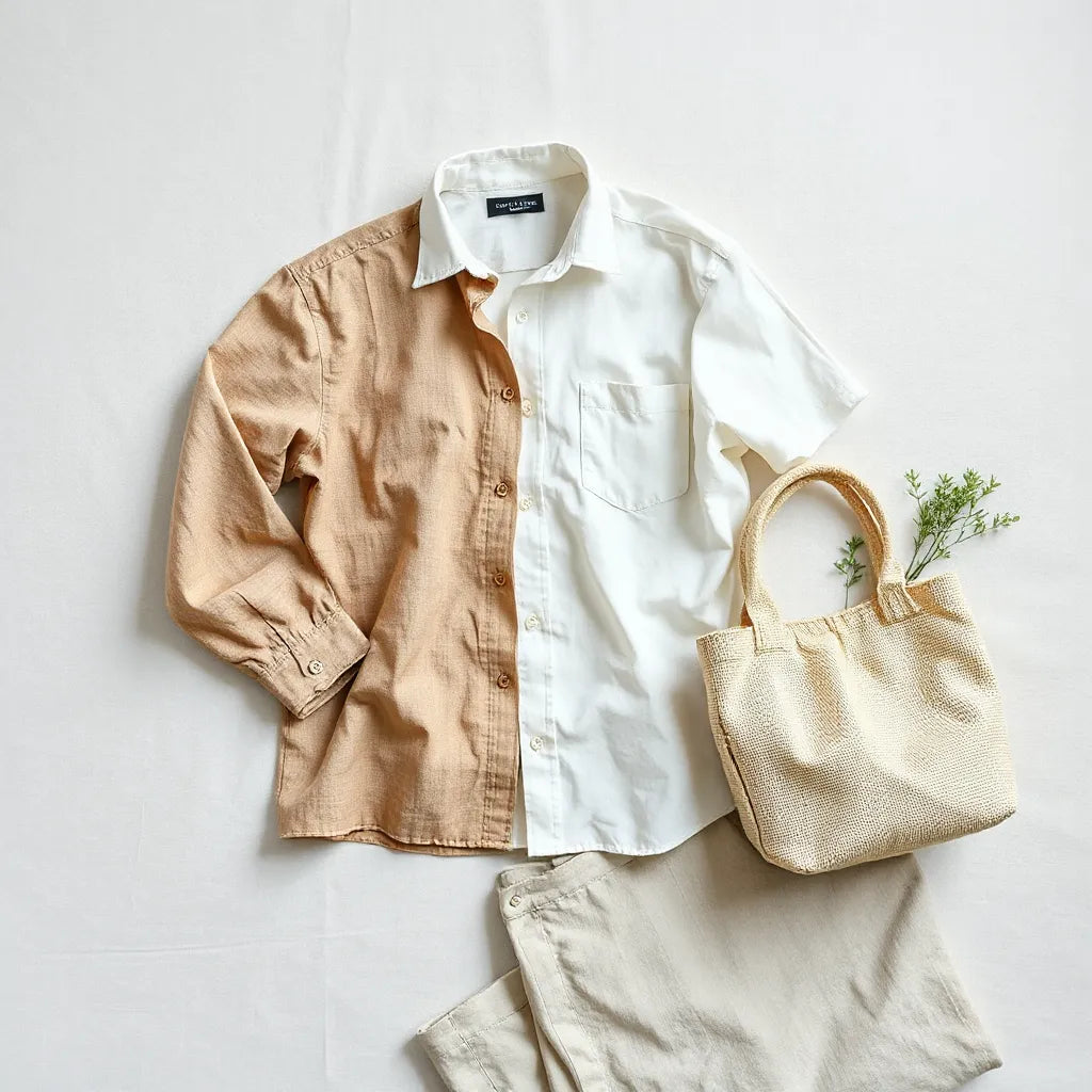 Neutrally styled eco-friendly clothing items laid on natural linen with greenery accents