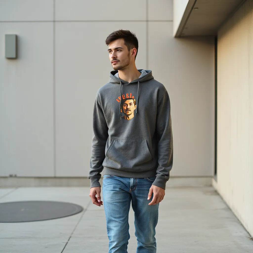 Model wearing a graphic pullover hoodie with a visible chest print, styled with casual jeans outdoors