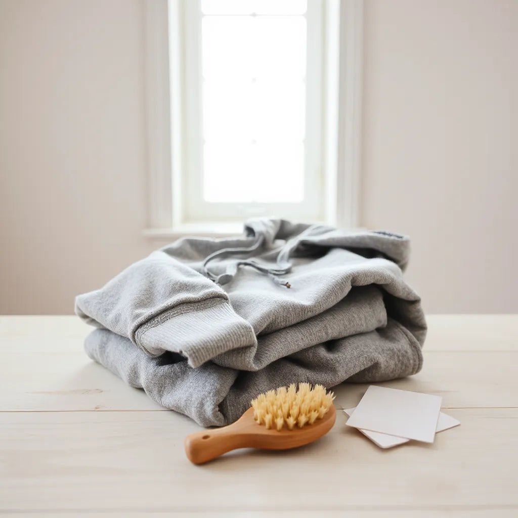 Heather gray 80% cotton hoodie laid neatly on a wooden surface, showing hood and ribbed cuffs