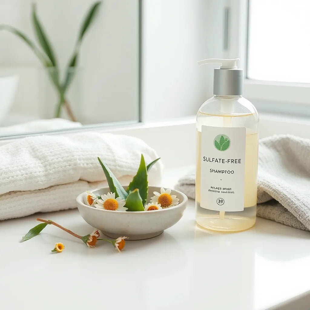 Sulfate-free shampoo bottle on a clean countertop with aloe and chamomile flowers