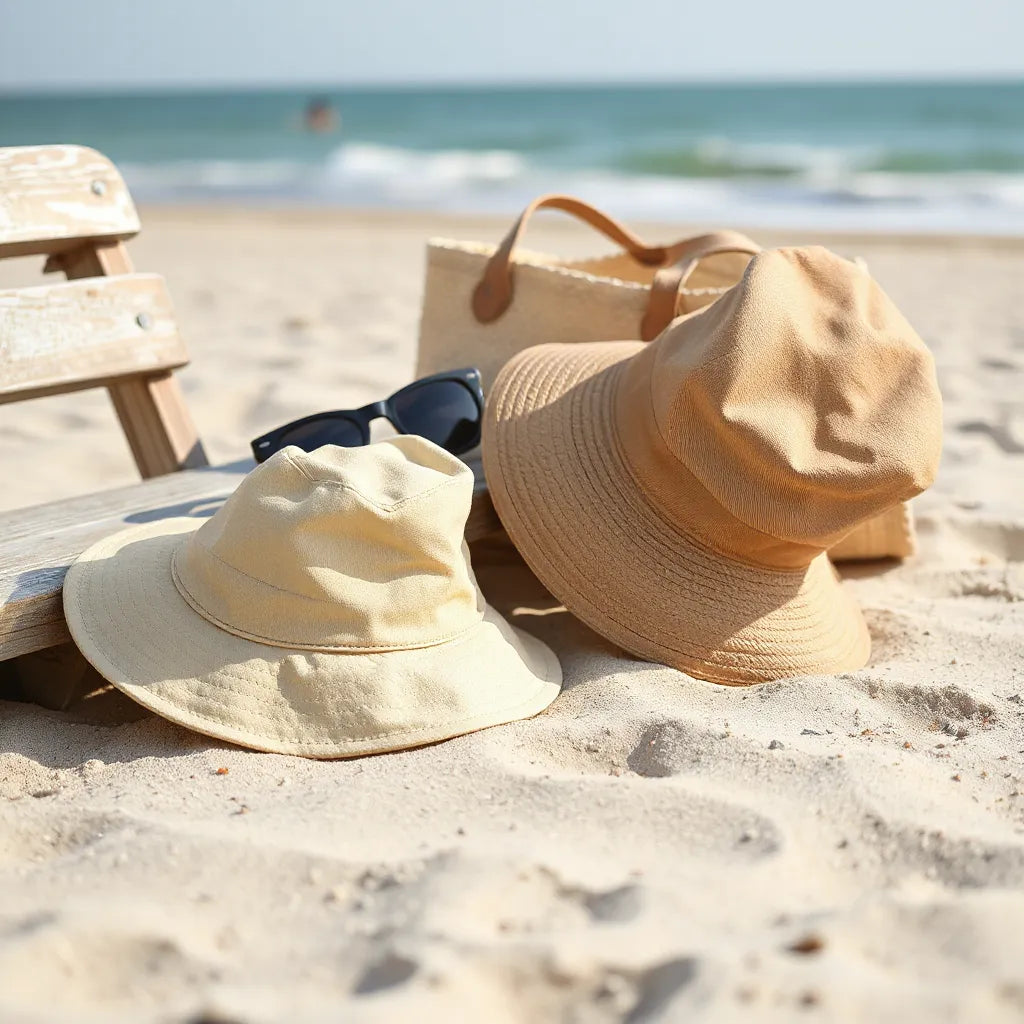 Two bucket hats with baseball-inspired stitching on a bench with beach accessories nearby