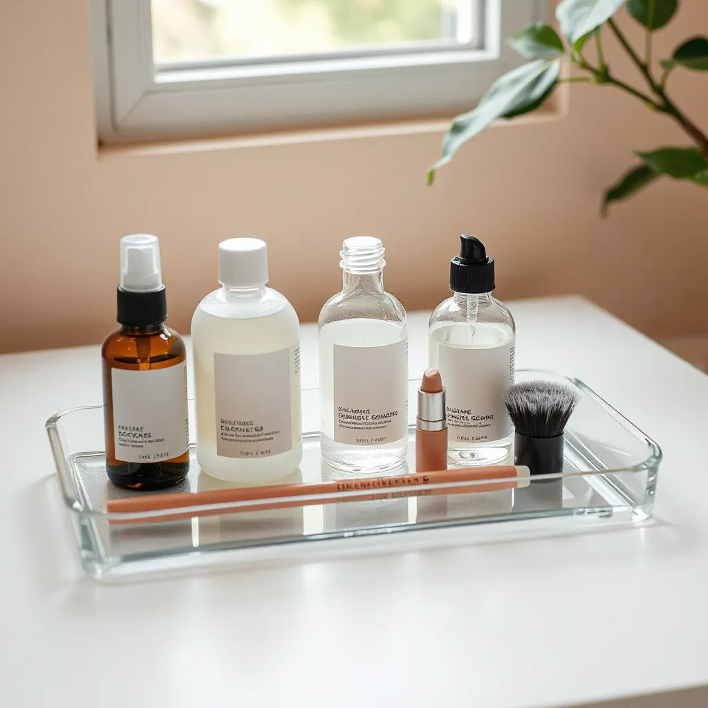 Minimal beauty products on a vanity tray with natural light and plant accents