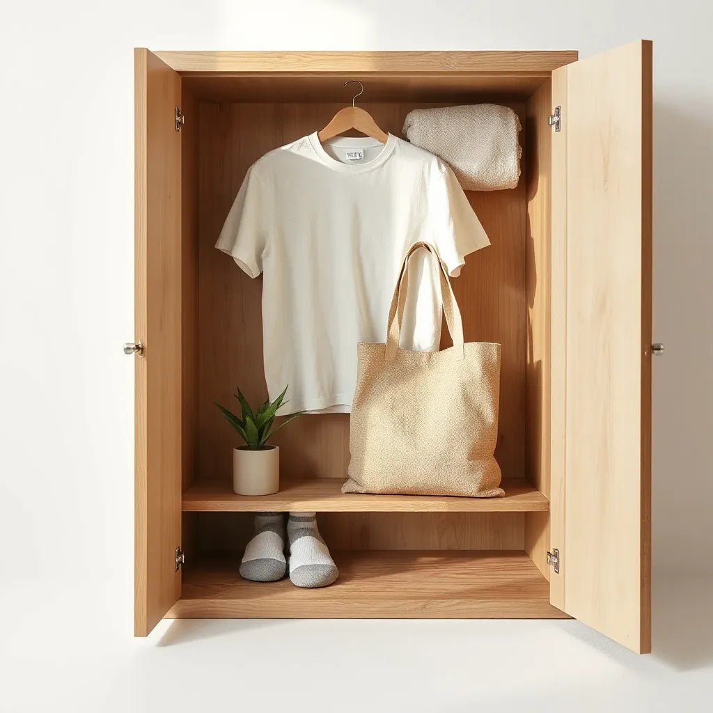 Neatly folded organic cotton and linen clothing on a wooden shelf with natural fabric swatches and a small plant
