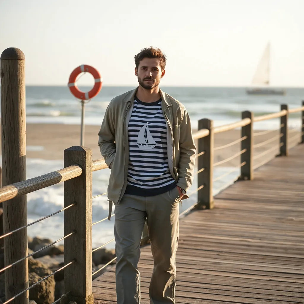 Person wearing artistic nautical apparel with subtle marine designs near a seaside boardwalk