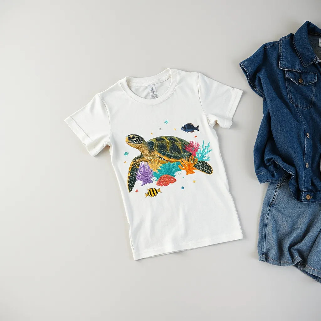 Marine life graphic tee with sea turtles and coral artwork, styled with casual denim nearby