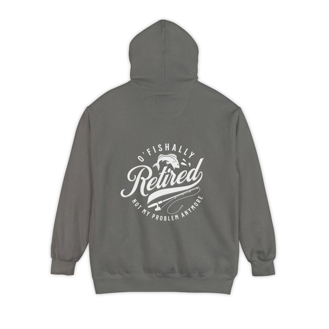 Charcoal colored hoodie with the words retired on the back in white lettering