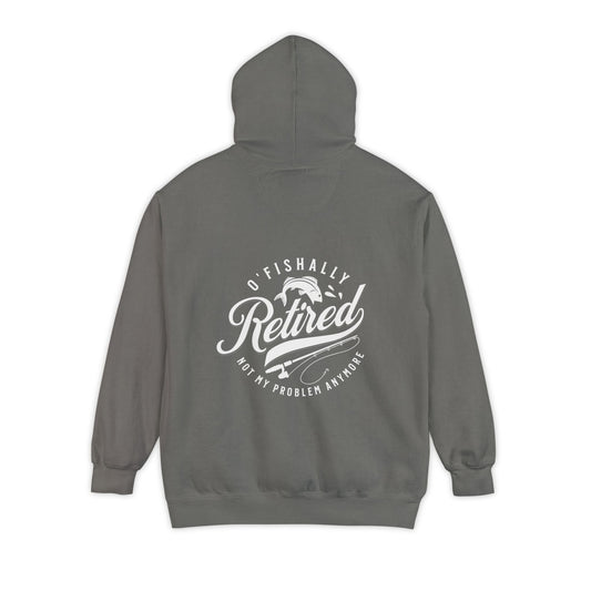 Charcoal colored hoodie with the words retired on the back in white lettering