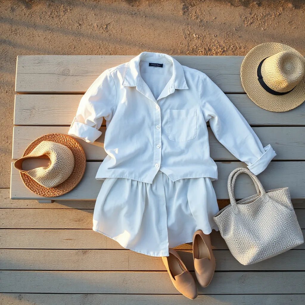 Relaxed coastal outfit pieces on a bench near the ocean, with a straw hat and tote nearby