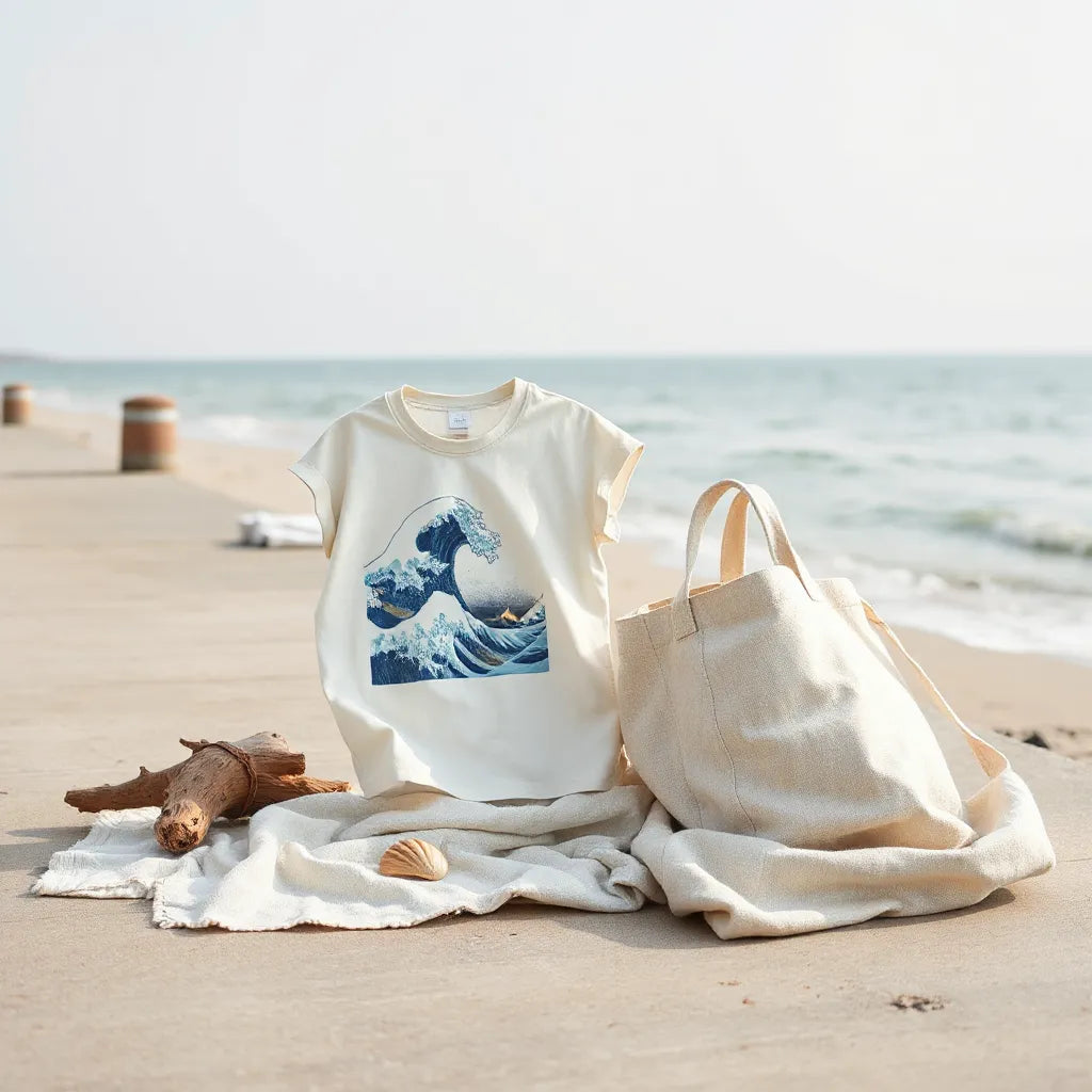 Ocean-themed graphic shirts and tote laid out near driftwood with calm sea in the background