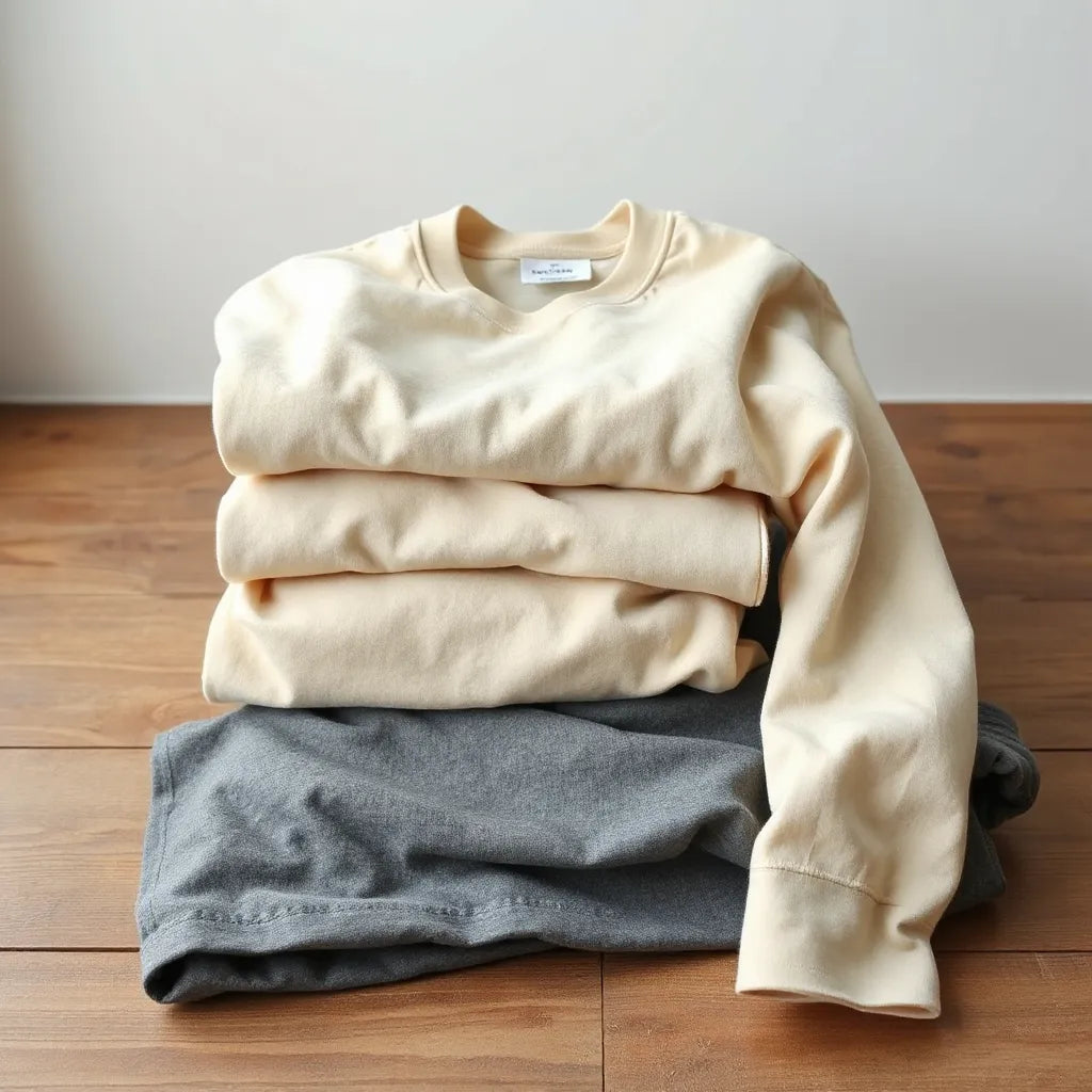 Folded heavyweight cotton sweatshirt, T-shirt, and pants in neutral tones with visible fabric texture
