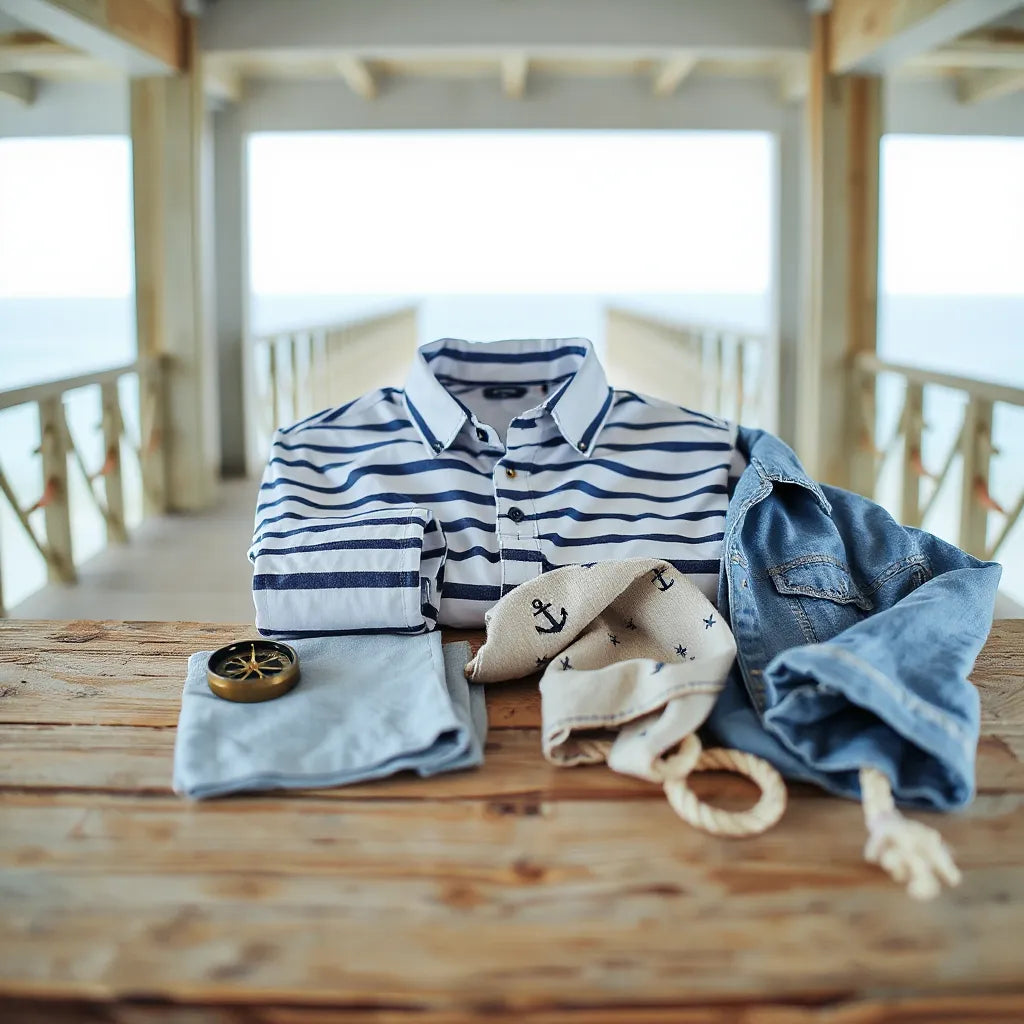 Navy and white striped shirt with anchor scarf, denim jacket, and subtle nautical accessories on a wooden table