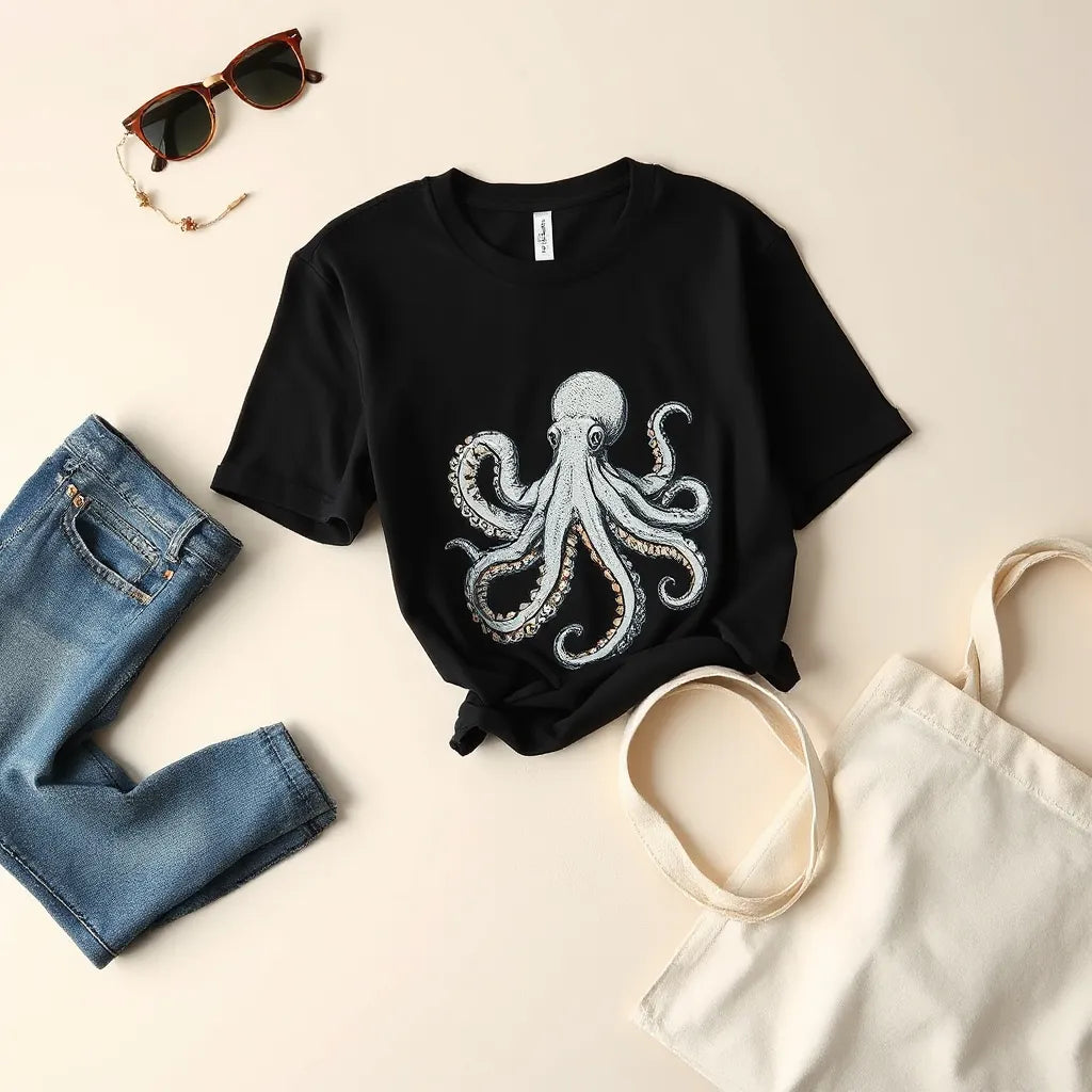 Octopus graphic t-shirt styled with folded jeans and minimal accessories on a light background