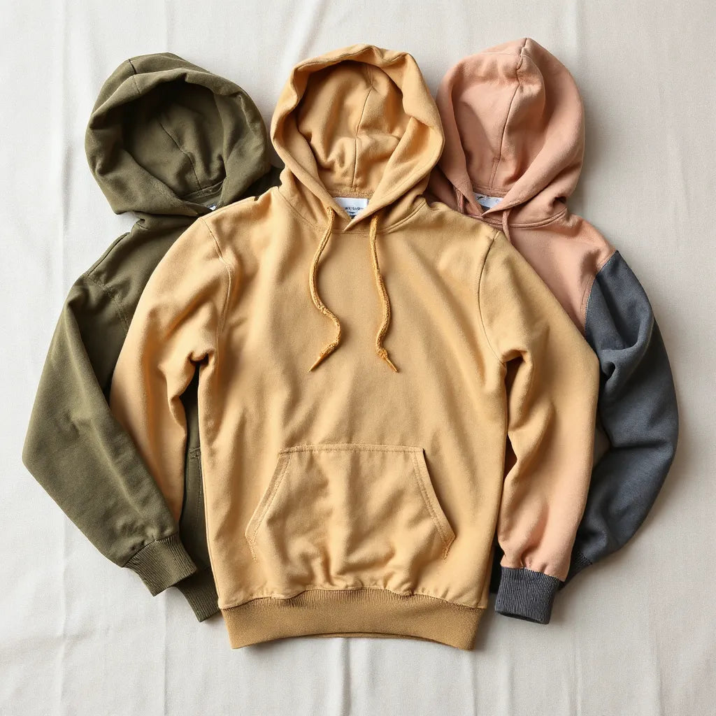 Garment-dyed hoodies in muted earthy tones with drawstrings and visible dye texture
