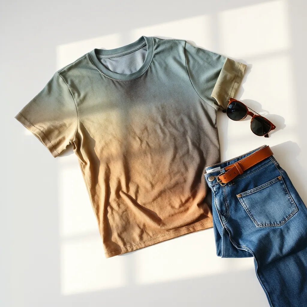 Vintage dyed t-shirt with natural dye fades, styled with folded blue jeans and minimal accessories on a neutral background