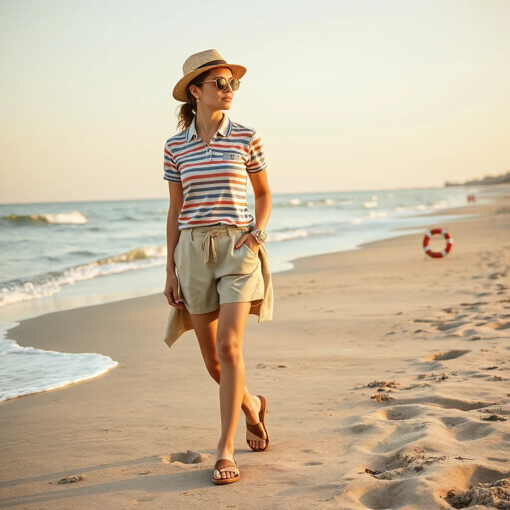 Sunlit retro beach outfit with striped top, high-waisted shorts, straw hat, and sunglasses by the shoreline