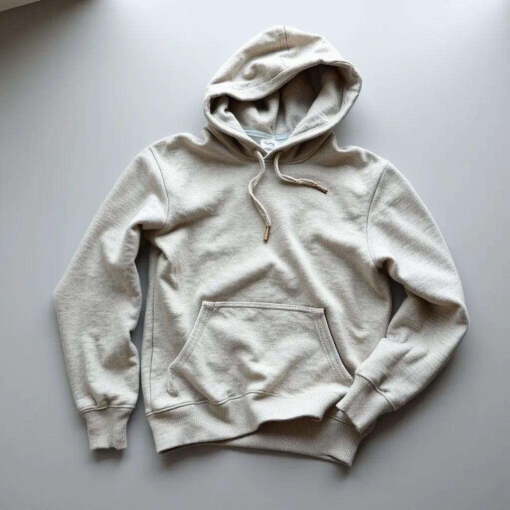 Neatly folded premium fabric hoodie showing hood, drawstrings, ribbed cuffs, and detailed stitching texture
