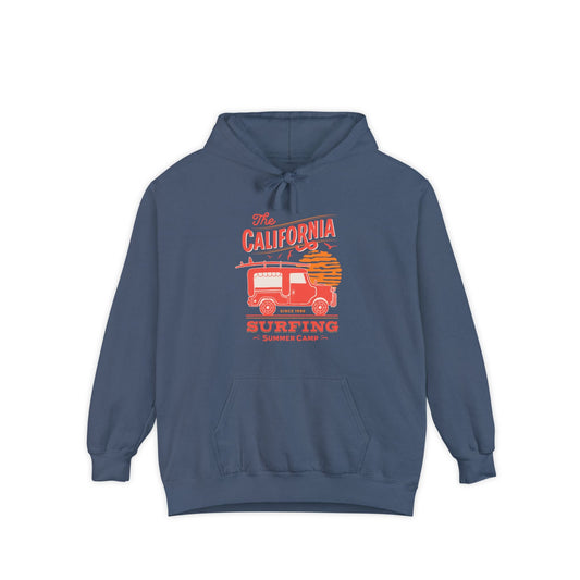 Best Soft Hoodie blue with California in red and a surfer van in red on the front