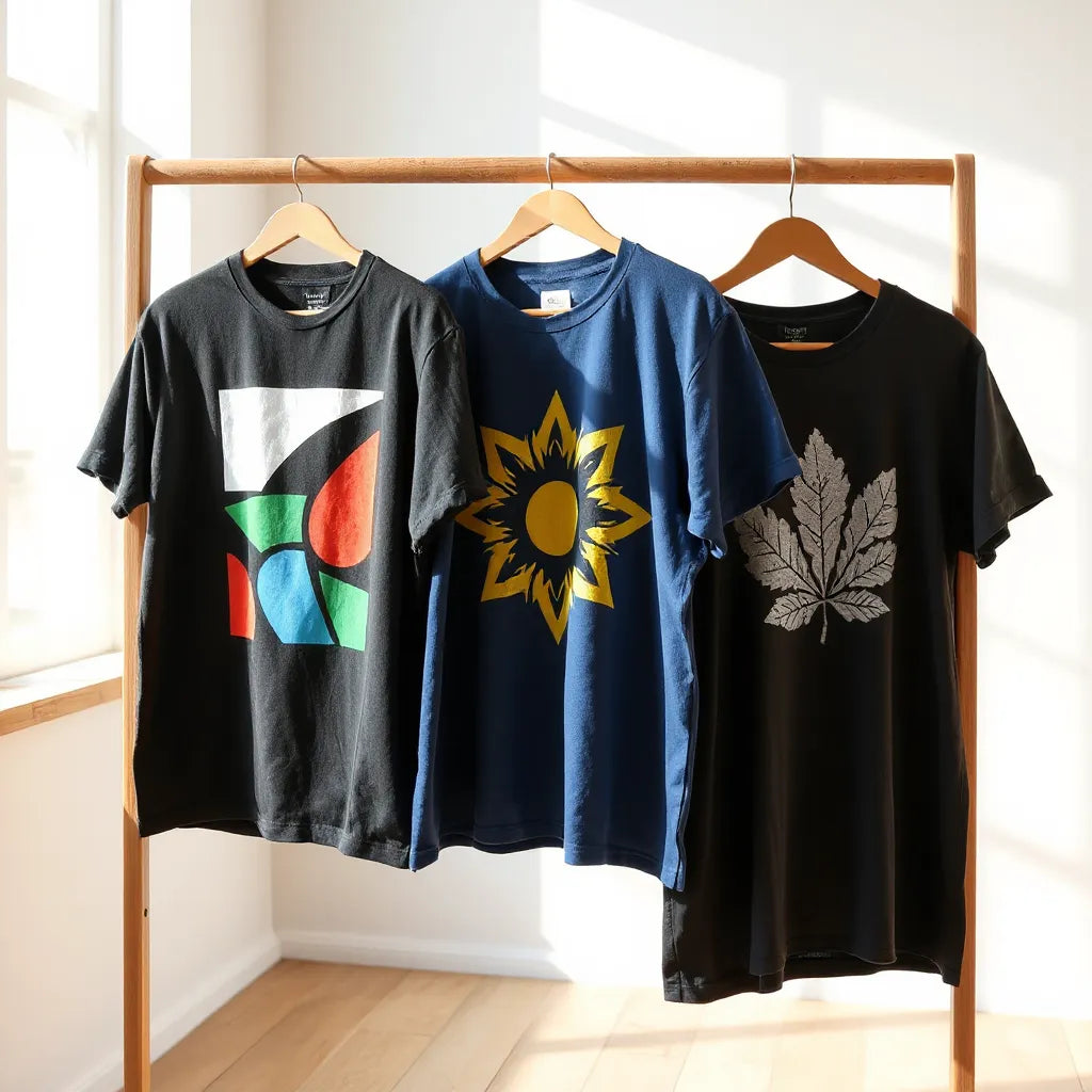 Three vibrant graphic t-shirts hanging on a minimal wooden rack in bright daylight