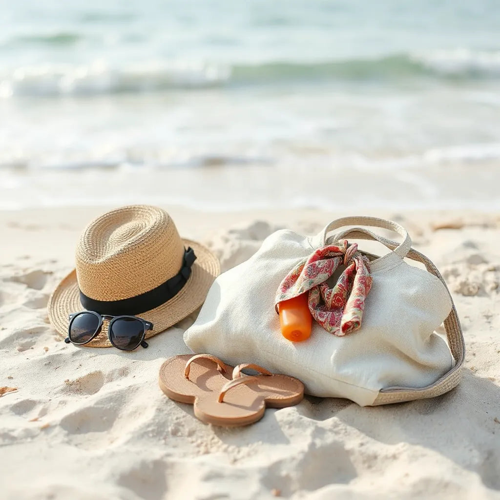 Woven hat, sunglasses, and a beach bag arranged on sand with gentle waves in the background