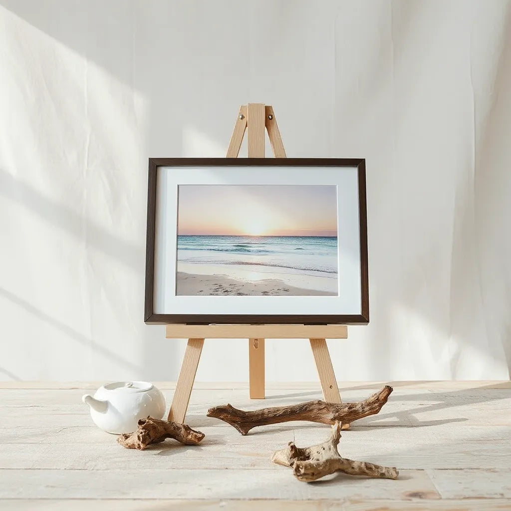 Framed original coastal artwork with soft waves and pastel sunset on a neutral easel