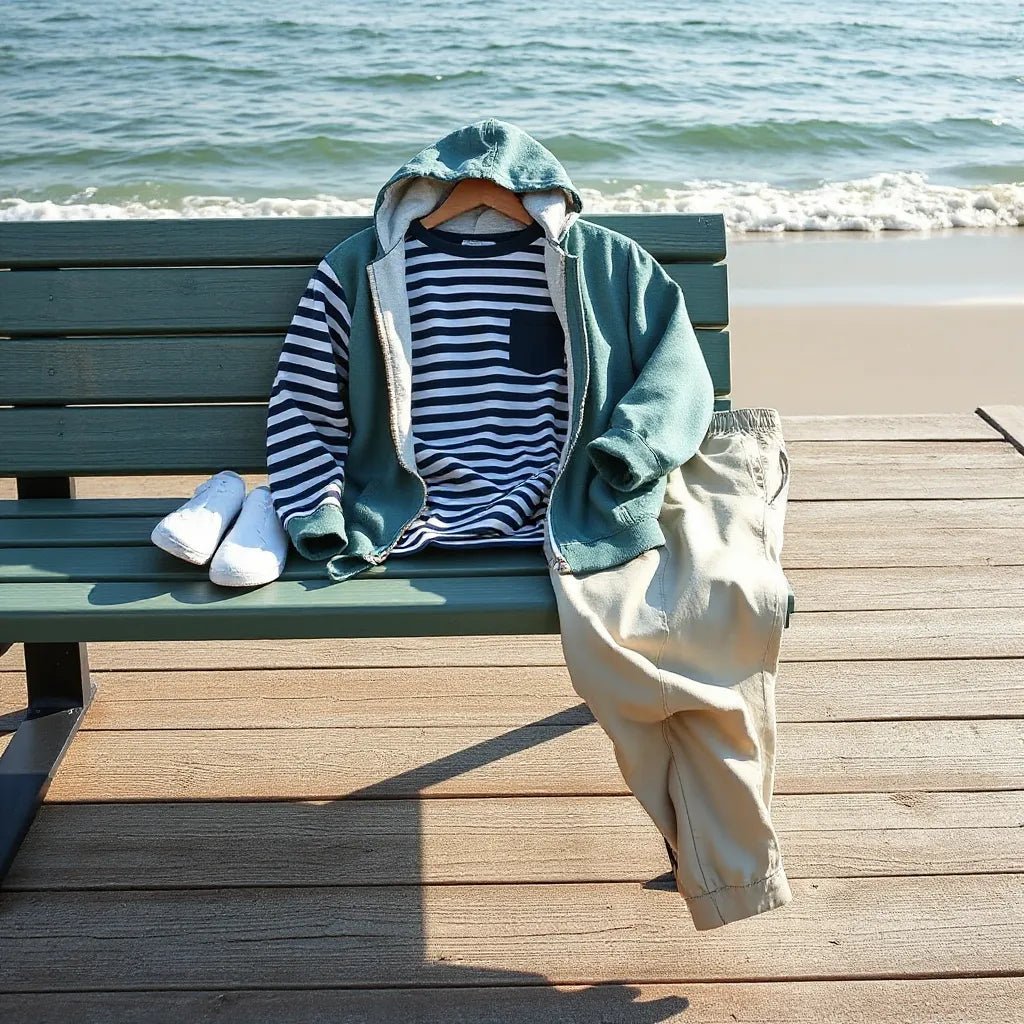 Ocean-themed apparel set with striped top and casual layers on a bench by the shoreline
