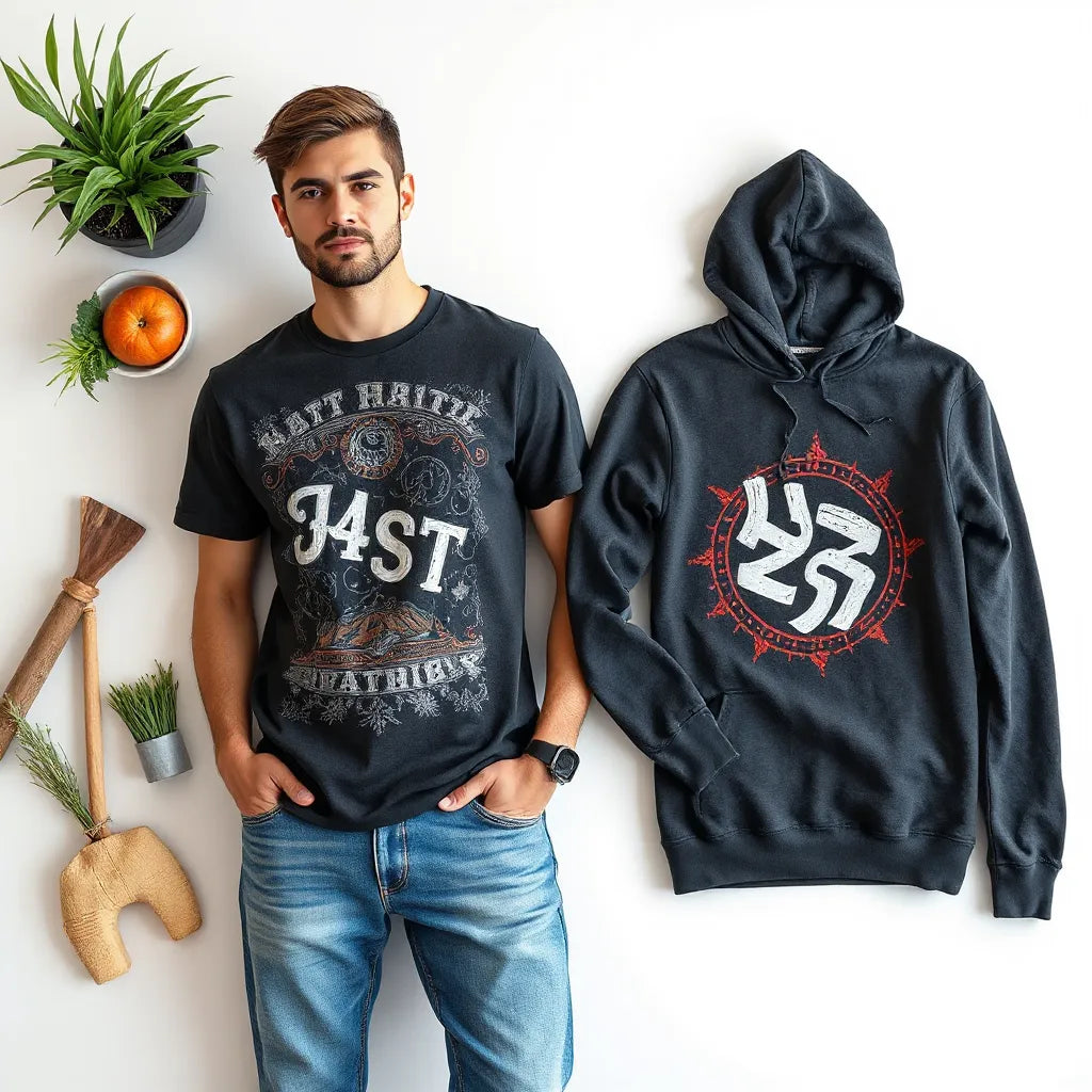 Trendy graphic t-shirt and hoodie displayed together with visible custom-style artwork on a neutral background
