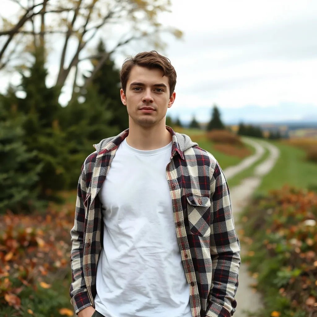Person wearing New England inspired hoodie and flannel outdoors in a seasonal New Hampshire landscape