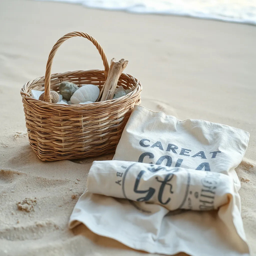 Sea glass and driftwood beside a casually styled canvas bag with subtle ocean-inspired graphic fabric