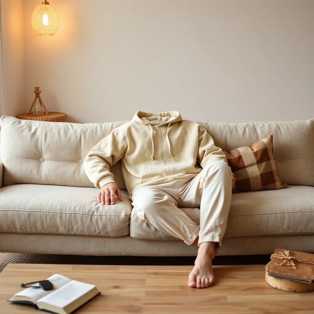 Person lounging on a sofa wearing a plain, cozy hoodie with relaxed, comfortable styling.