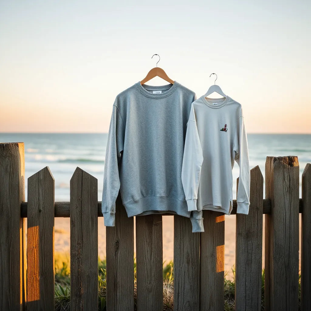 Coastal fence with shirts featuring subtle lighthouse designs against a calm ocean background