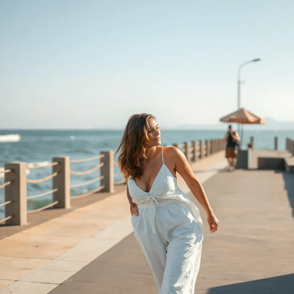 Model in a breathable seaside fashion top on a sunny coastal promenade with ocean waves behind