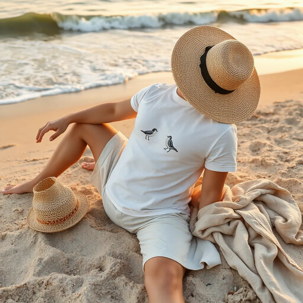 Summer t-shirt with beach birds graphic worn on a sandy shore with waves and a sunhat nearby