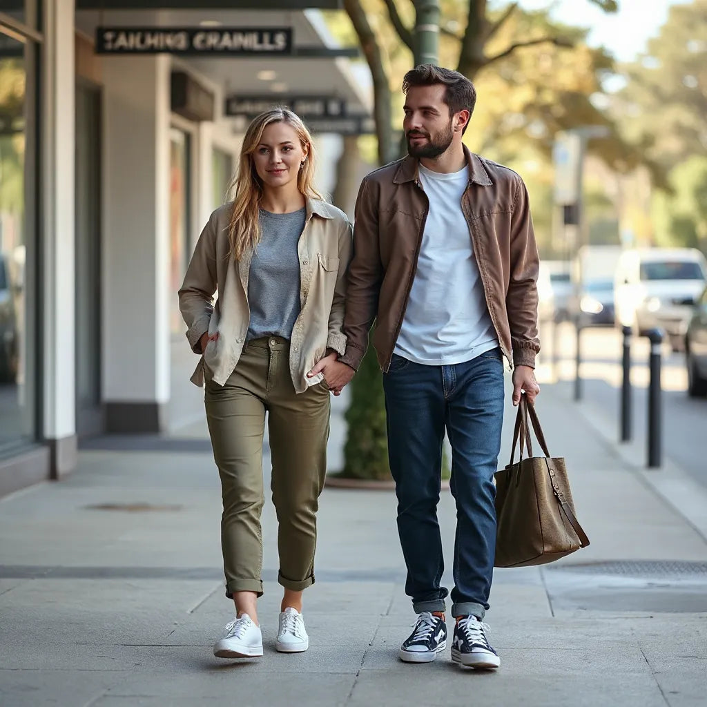 Two people in relaxed casual outfits walking on a city sidewalk with natural daylight