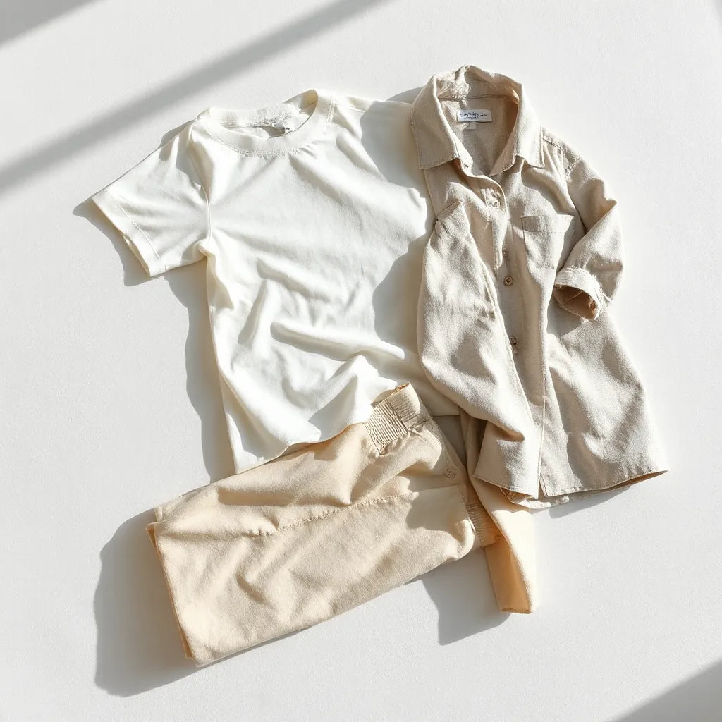 Soft cotton tops and lounge pants arranged neatly on a sunlit neutral background